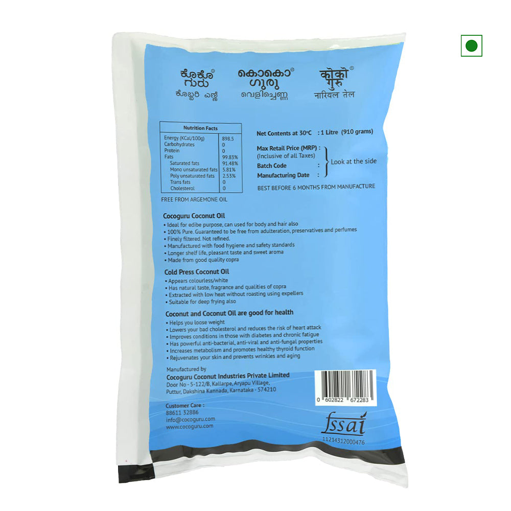 Cocoguru Cold Pressed Coconut Oil In Pouch 1ltr
