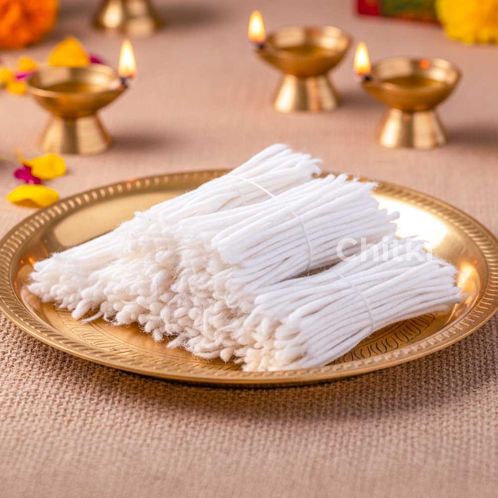 Aradhana Handmade Cotton Medium Wicks/thick (diya Batti White)(200 Wicks) 1pack