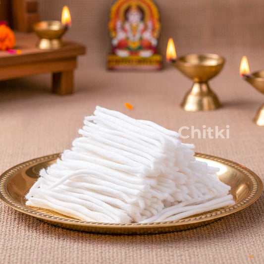 Aradhana Handmade Cotton Small Wicks/aarathi Batti White(thin)(500 Wicks) 1pack