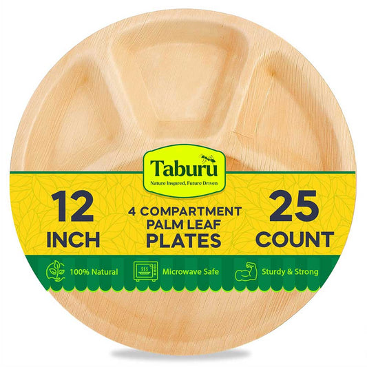 Disposable Round 4 Compartment Palm Leaf Plates 12 inch  25-Pack